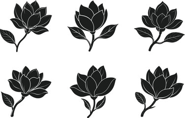 Elegant Magnolia Flower Silhouette Set - Minimalist Floral Vector Collection