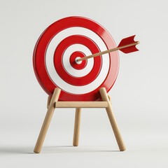 red and white target with arrow in center stands on wooden easel