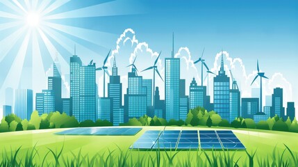 Fototapeta premium Modern Eco-City with Solar Panels and Wind Turbines Under a Clear Blue Sky