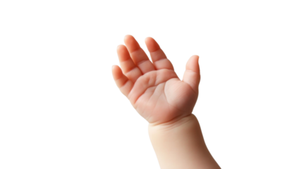 Hand of a baby reaching out in a tender moment with soft skin and small fingers against a plain background