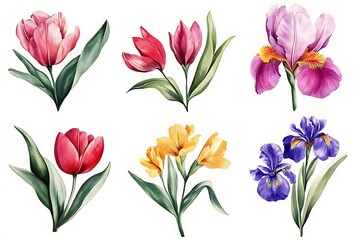 Botanical Watercolor Floral Collection &ndash; Tulips & Irises in Vibrant Arrangements