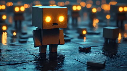 Blue Cube-Shaped Robot with Yellow Eyes on Slippery Surface