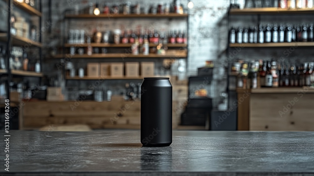 Poster A black can is centrally placed on a rustic table, surrounded by a modern bar atmosphere filled with shelves of assorted drinks and bottles, creating an inviting setting.