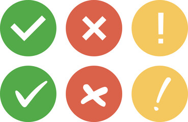 Check mark icon set with right and wrong buttons, yes or no checkmarks, green ticks, red crosses, and exclamation marks. Ideal for UI, UX, web, and app design. 