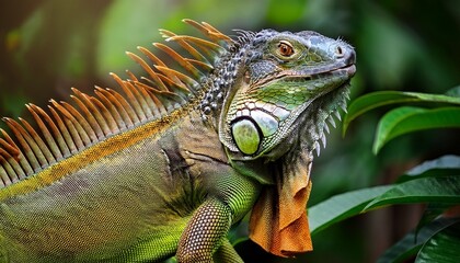 Obraz premium A green iguana with its colorful frill extended, displaying vibrant green and yellow skin in a striking natural pose