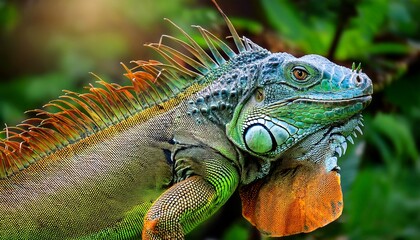 Obraz premium A green iguana with its colorful frill extended, displaying vibrant green and yellow skin in a striking natural pose