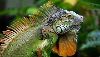 Naklejka premium A green iguana with its colorful frill extended, displaying vibrant green and yellow skin in a striking natural pose