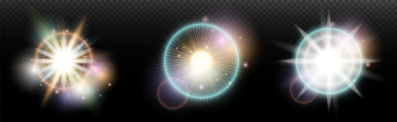 Set of flash light effect with glare and glow on a transparent background. Magic, rainbow glow, shining light, stars, optical flares for design, photomontage, New Year and holiday projects.