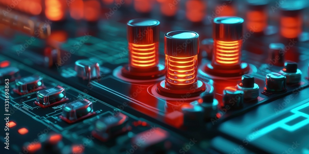 Poster smart grid control management concept. close-up of glowing audio mixer controls with vibrant lightin