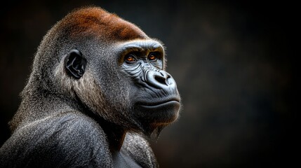 Obraz premium Contemplative Silverback Gorilla Portrait Thoughtful Expression, Close-Up, Dark Background