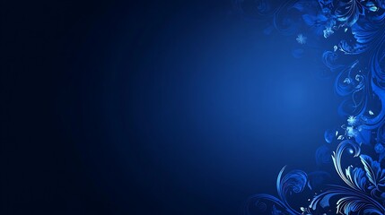 A detailed blue floral design adorns the deep blue backdrop