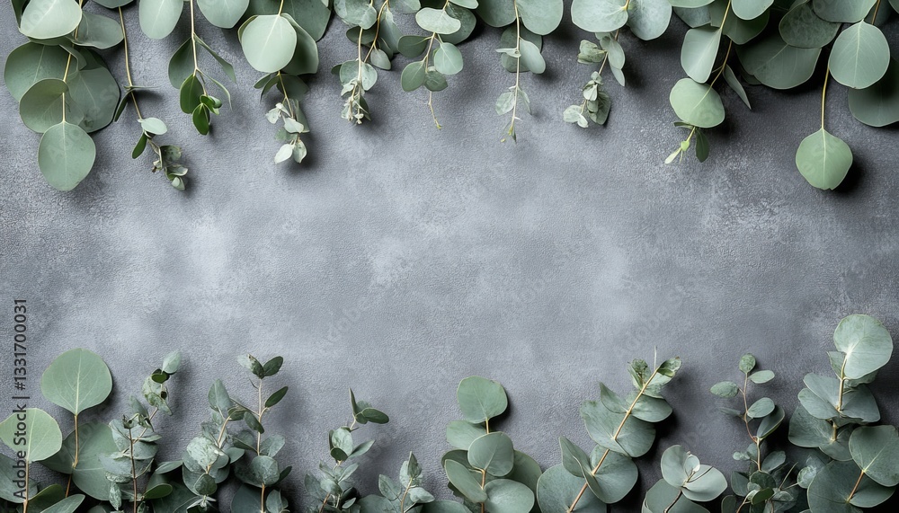 Poster eucalyptus branches frame on a gray background. top view with copy space for your text.