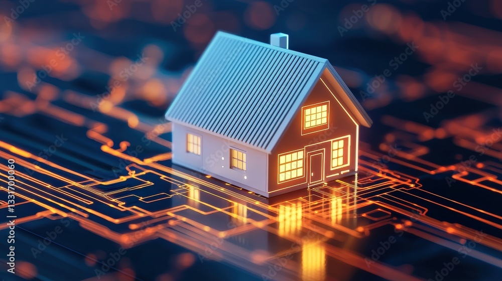 Poster smart grid control management concept. miniature house on a digital circuit background representing 