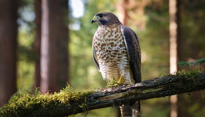 Fototapeta premium A sharp-eyed hawk perches on a branch in the taiga, surveying the forest floor below in focused stillness