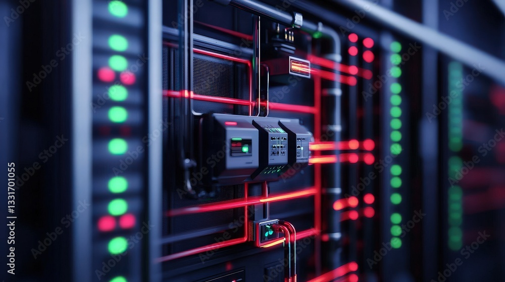 Poster smart grid control management concept. high-tech server with glowing lights and intricate wiring.