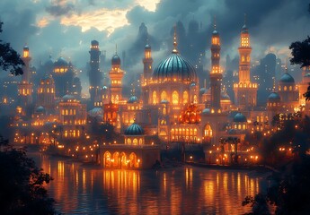 Fototapeta premium Magical Cityscape at Dusk with Illuminated Towers and Domes Reflected in Serene Waterway