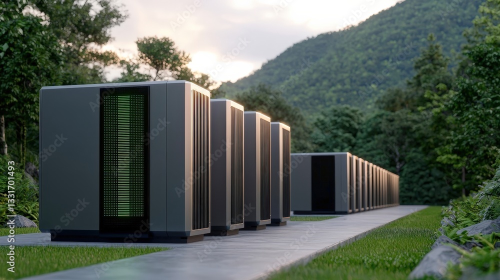 Poster smart grid control management concept. modern data centers set against a mountainous backdrop.