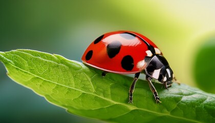 Fototapeta premium A ladybug with a bright red shell and black spots crawls slowly across a vibrant green leaf, showcasing a charming moment in nature