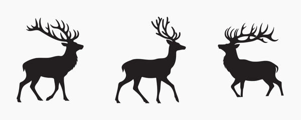 Silhouette illustration of three deer with antlers in different walking poses. Elegant wildlife design, perfect for logos, decorations, and nature-themed graphics