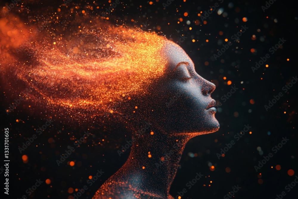 Poster creative expression of a woman with flowing orange particles representing thoughts and emotions in a