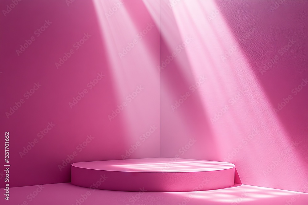 Poster bright pink interior with a circular platform illuminated by soft light rays