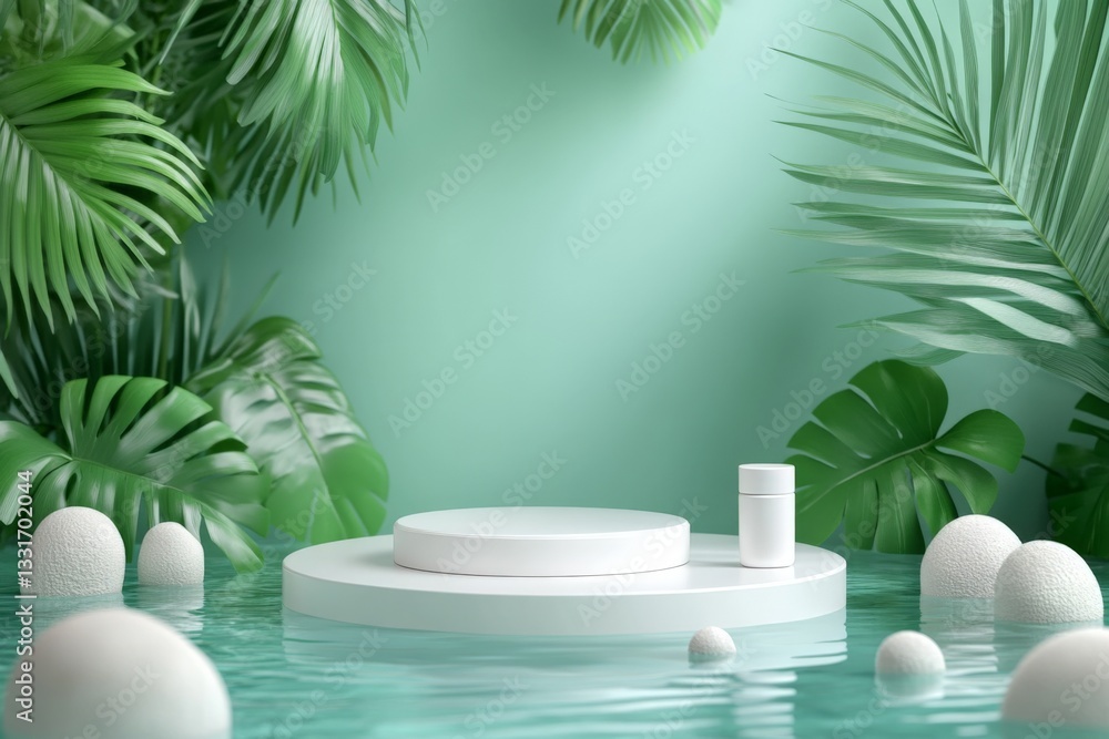 Poster Modern display setup featuring circular podium and decorative elements in serene green tropical environment