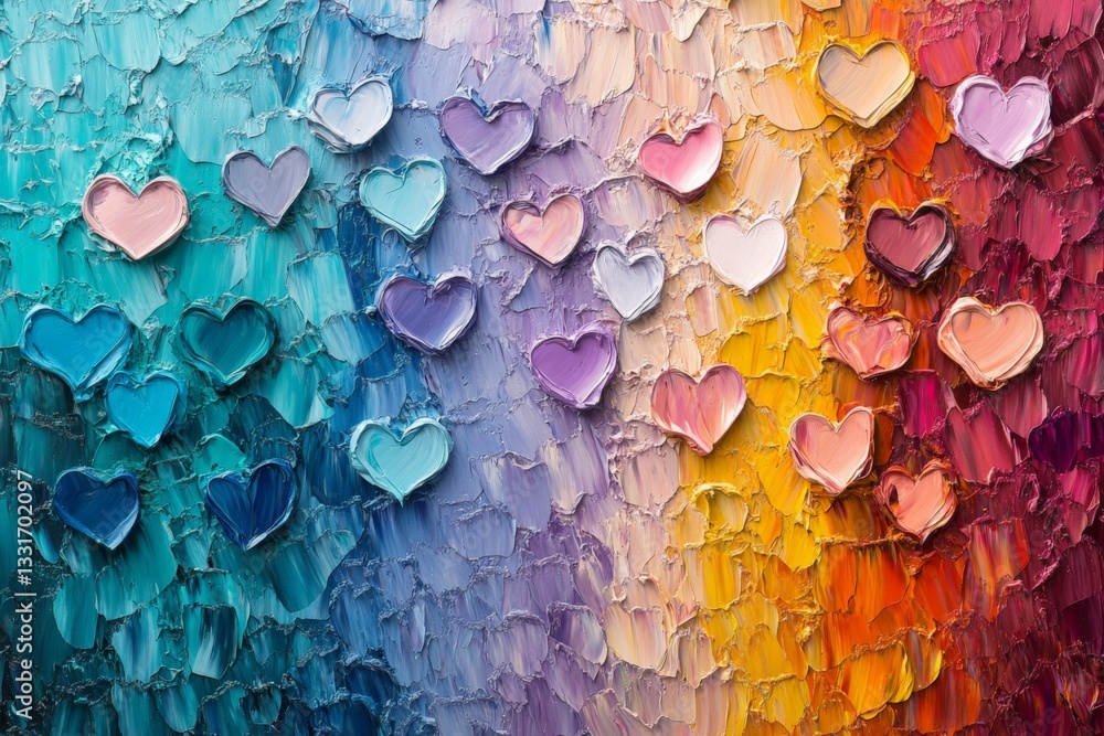 Poster Colorful heart shapes arranged on a textured background showcasing a gradient palette in vibrant shades