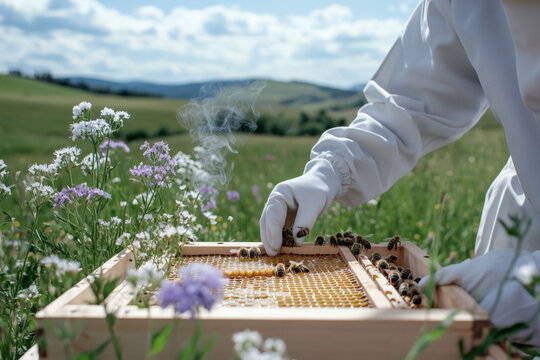 Beekeeper tending to a honey frame outdoors
