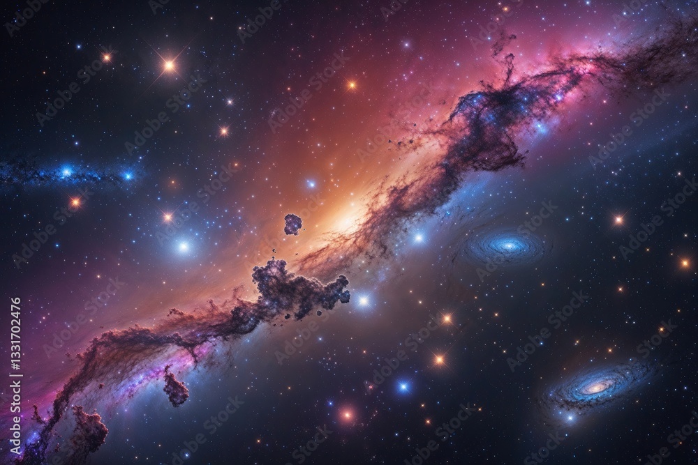 Wall mural obscure interstellar domain with colorful nebula and stellar clusters in a cosmic galaxy