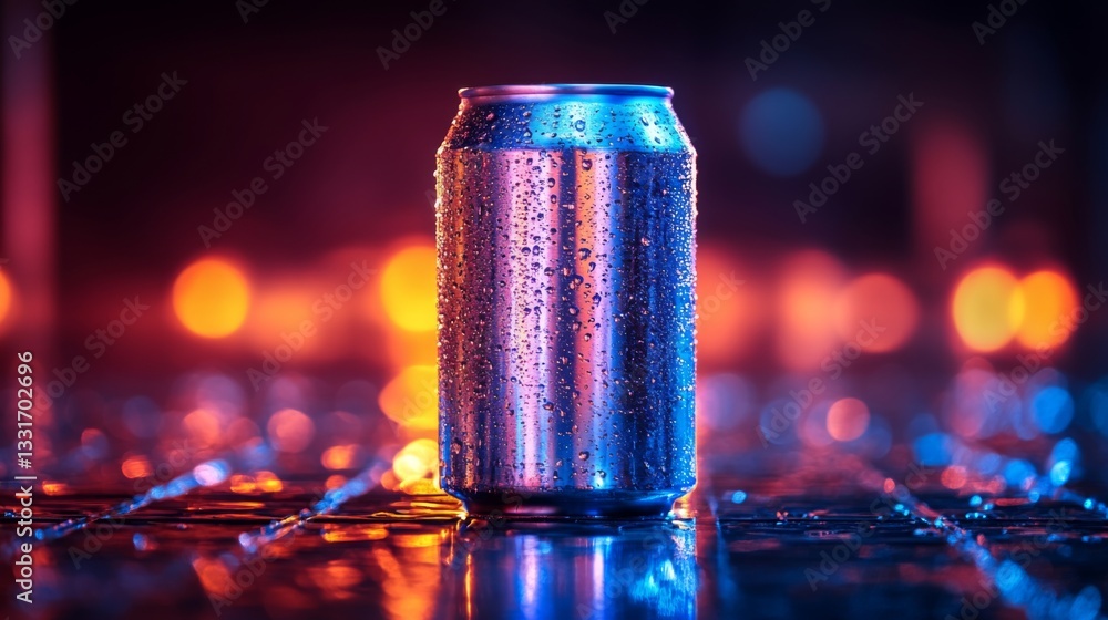 Poster an aluminum can stands prominently on a reflective surface, covered in moisture droplets, illuminate
