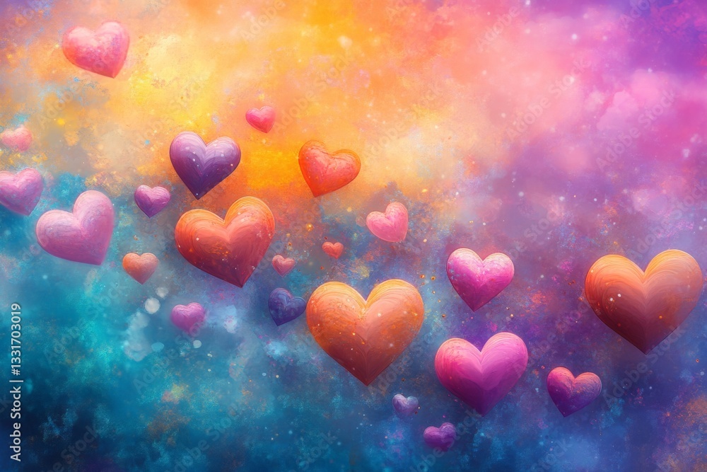 Aufkleber Colorful hearts floating through a vibrant abstract background with an enchanting mix of hues and textures