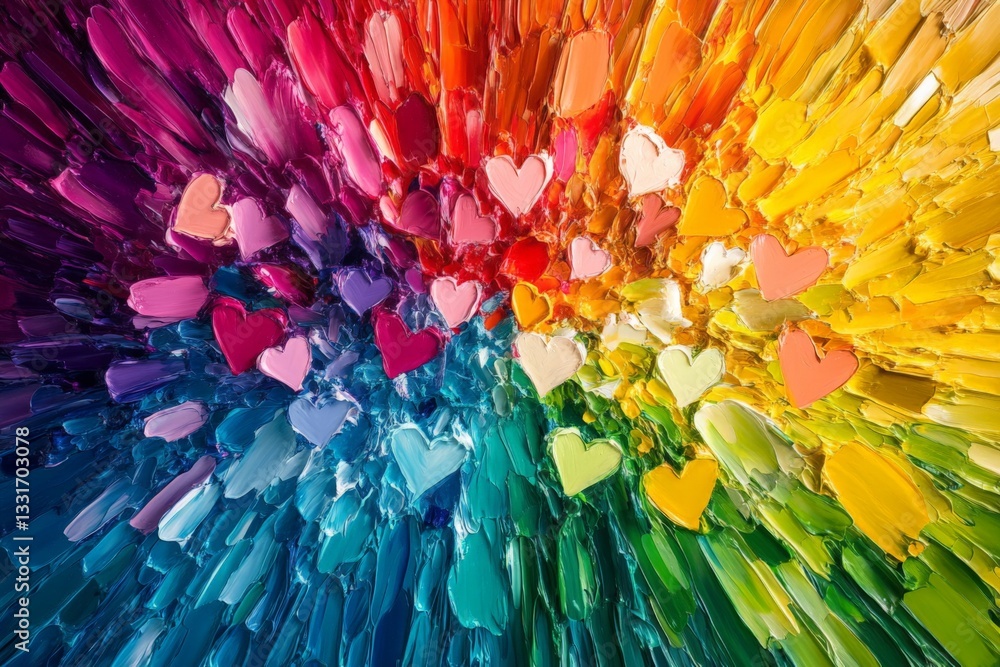 Aufkleber colorful heart shapes scattered on a vibrant, textured background in a swirling pattern during dayli