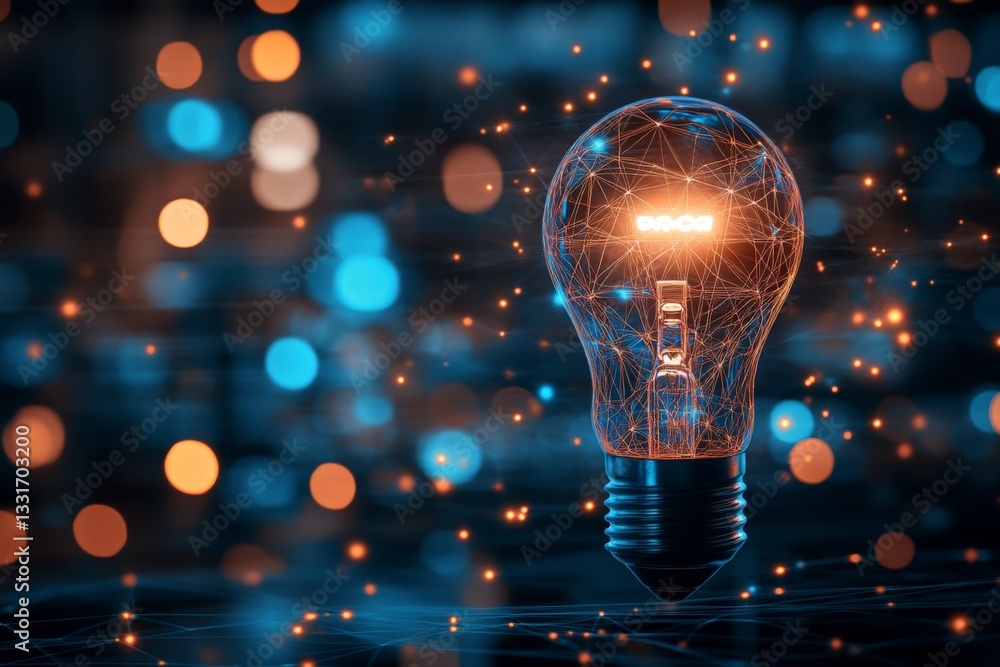 Poster light bulb glowing amidst vibrant digital network with blue and orange bokeh in a modern setting