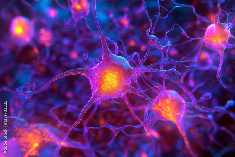 Poster abstract depiction of a neural network in 3d space, vibrant lines and nodes glowing against a dark g
