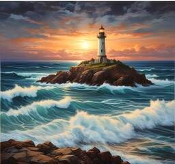 Fototapeta premium Illustration of lighthouse with starry sky.