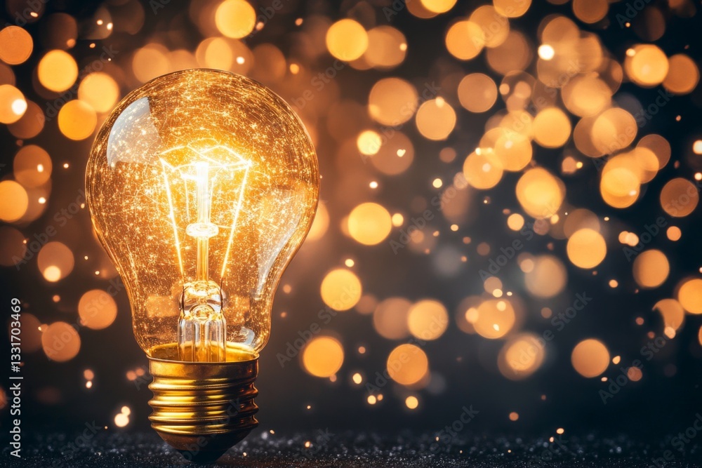 Poster Bright light bulb illuminates a dark background filled with sparkling bokeh effects during evening hours