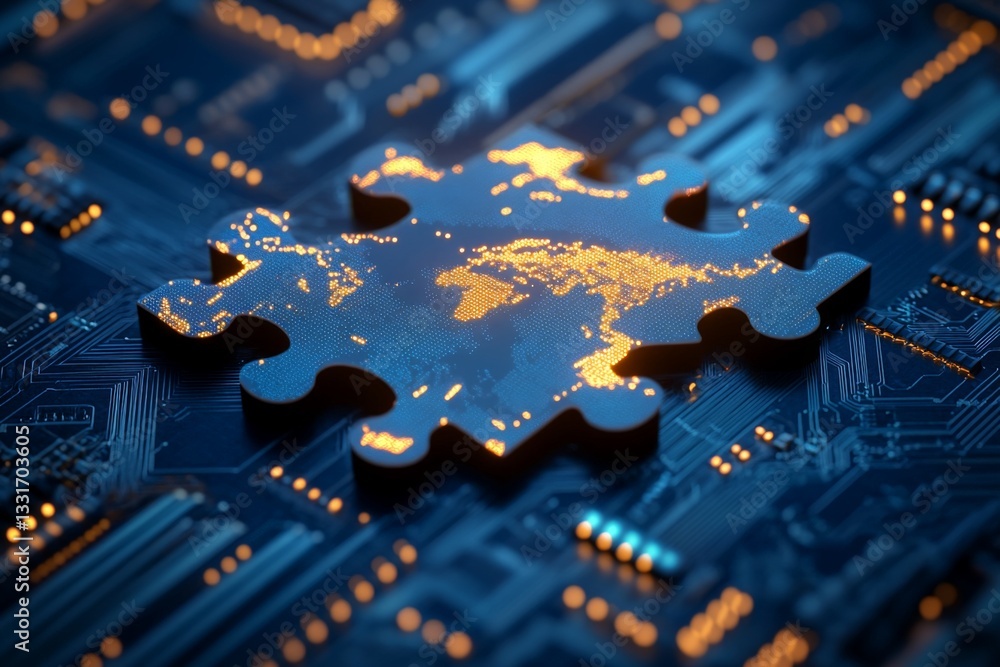 Poster Technology and connectivity represented by a glowing puzzle piece on a circuit board with a world map