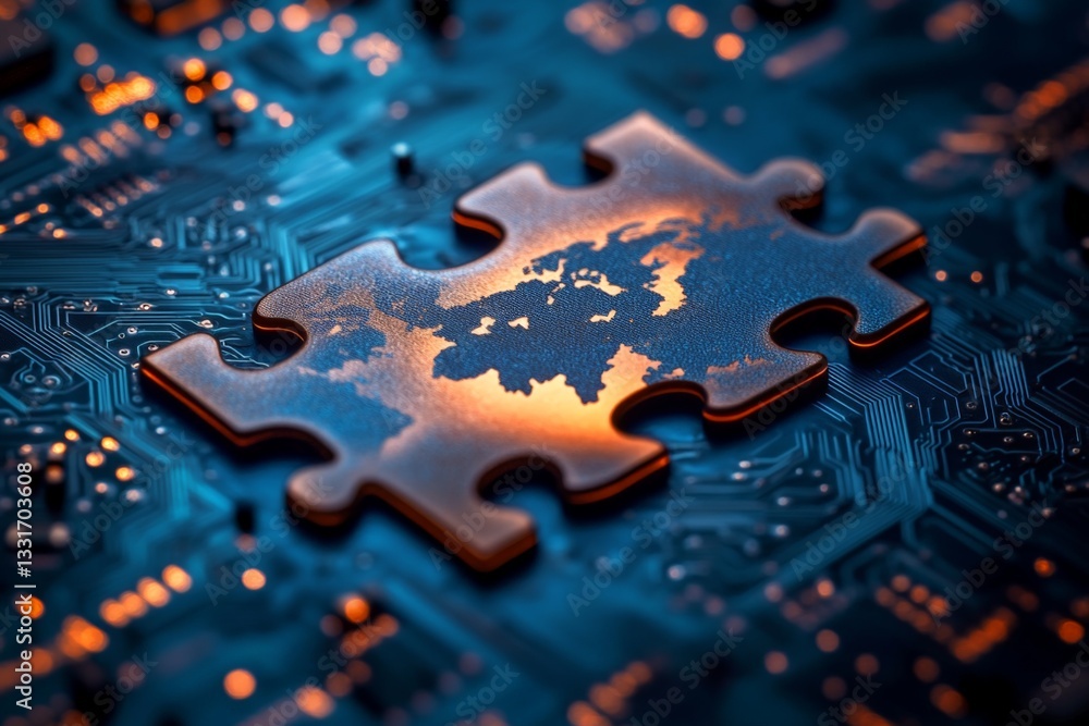 Fototapete intricate puzzle piece embedded in a circuit board design illuminated by warm lights
