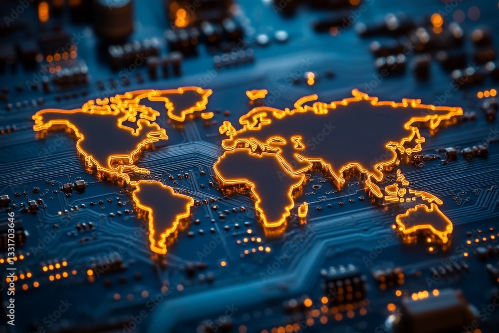 Aufkleber Detailed 3D rendering of a world map illuminated on a circuit board with a modern technology theme