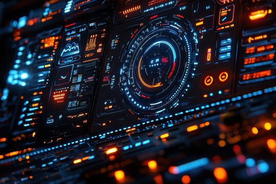 Futuristic control panel with luminous displays and complex data readouts at a high-tech facility