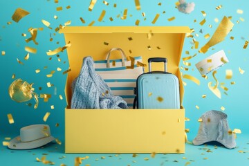 Brightly colored box filled with travel essentials and party decorations for festive occasions