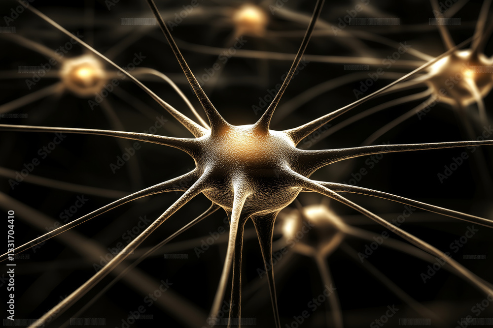 Poster network of neurons interconnected by glowing synapses, dynamic and modern visual style.