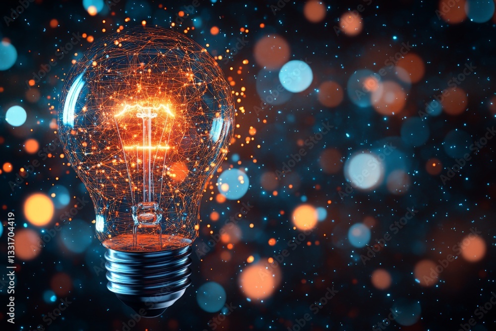Poster Bright light bulb glowing with intricate patterns against a dark, bokeh background filled with colorful orbs