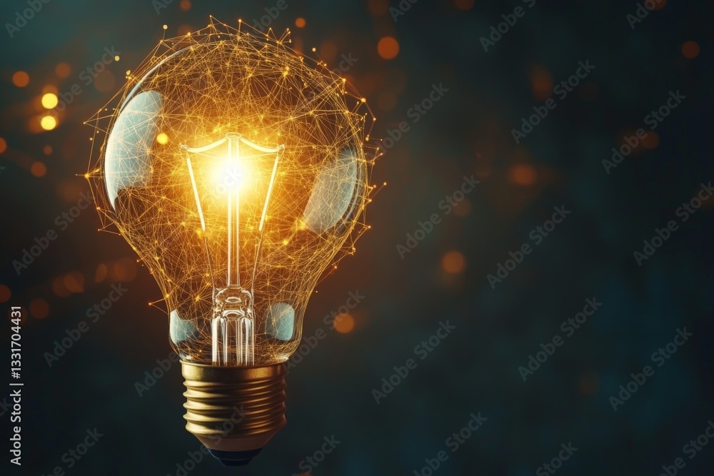 Poster Creative light bulb design with glowing filament and abstract connections in a dark background