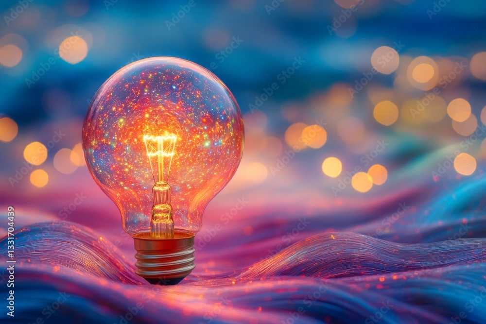 Poster Bright light bulb glowing amidst colorful wavy background creating a magical atmosphere with bokeh effects