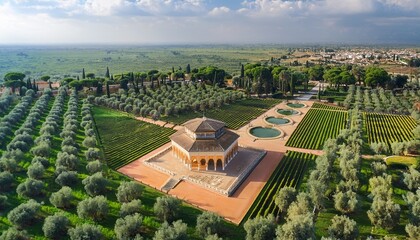 Generated image  Aerial view of the lush gardens of the Menara Gardens, with its central pavilion