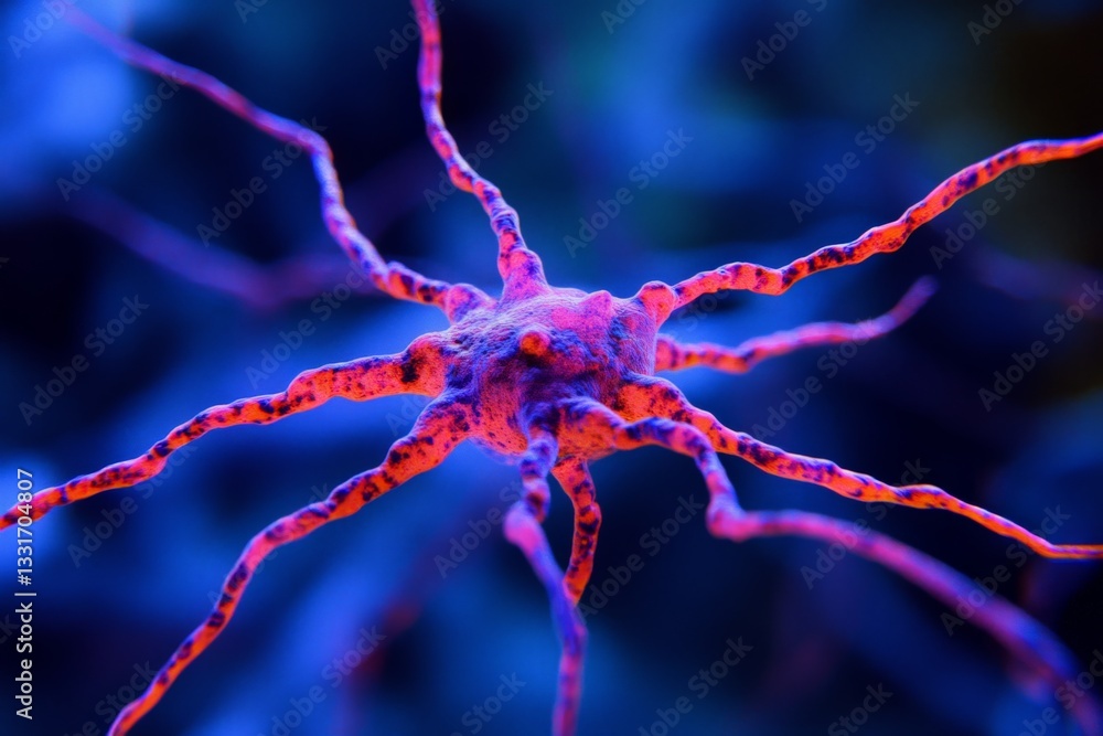 Poster Vibrant close-up of a neuron showcasing intricate structures and connections in a dark, colorful background