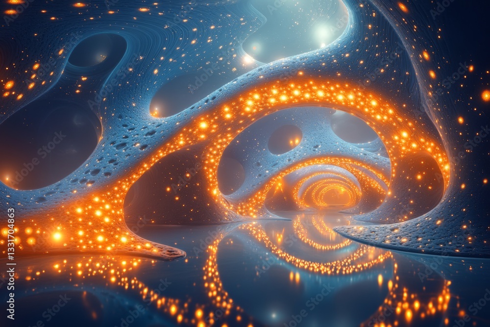 Poster Vibrant abstract tunnel illuminated by glowing orbs against a serene reflective backdrop at twilight