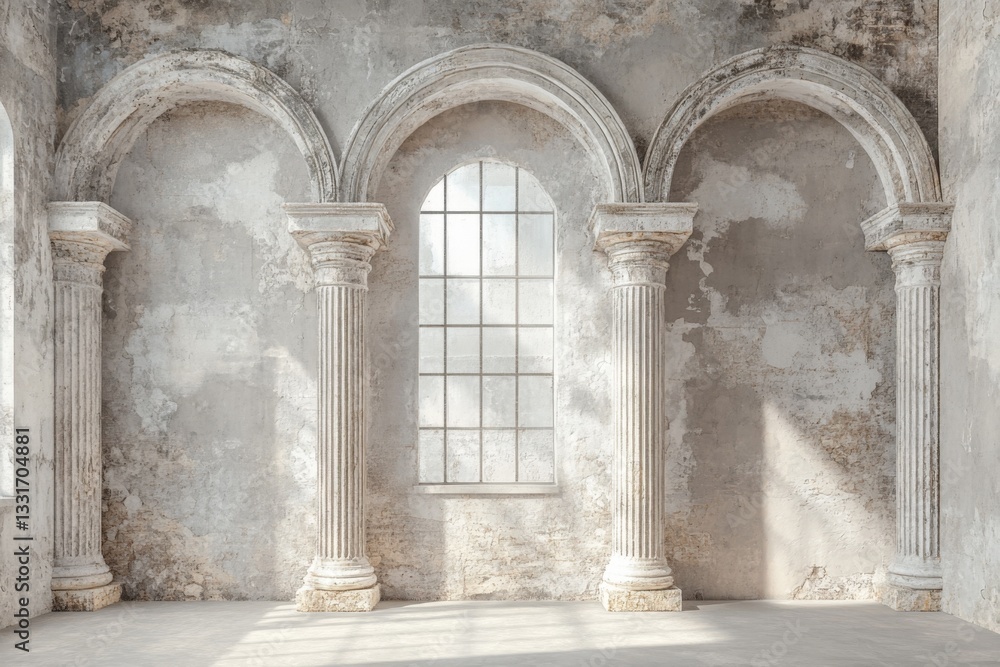 Poster elegant architectural features in an abandoned room with three arches and a large window