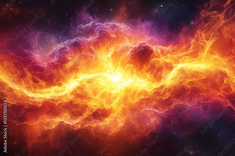 Poster colorful cosmic explosion depicting swirling gases and stars in a deep space environment during the 
